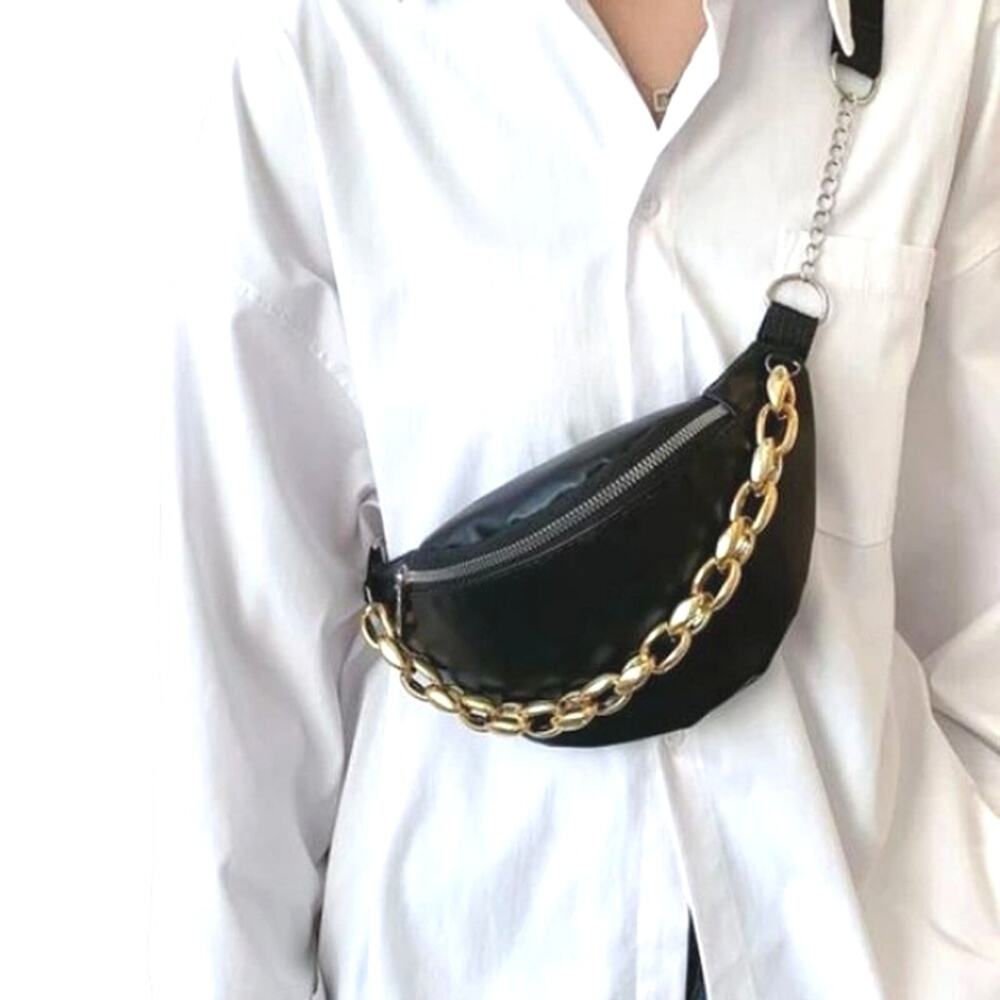 Glamor‎ Fanny Pack Luxe SAFETY Bum Bag Gold CHAIN Preppy FANCY Sleek Chic BLACK